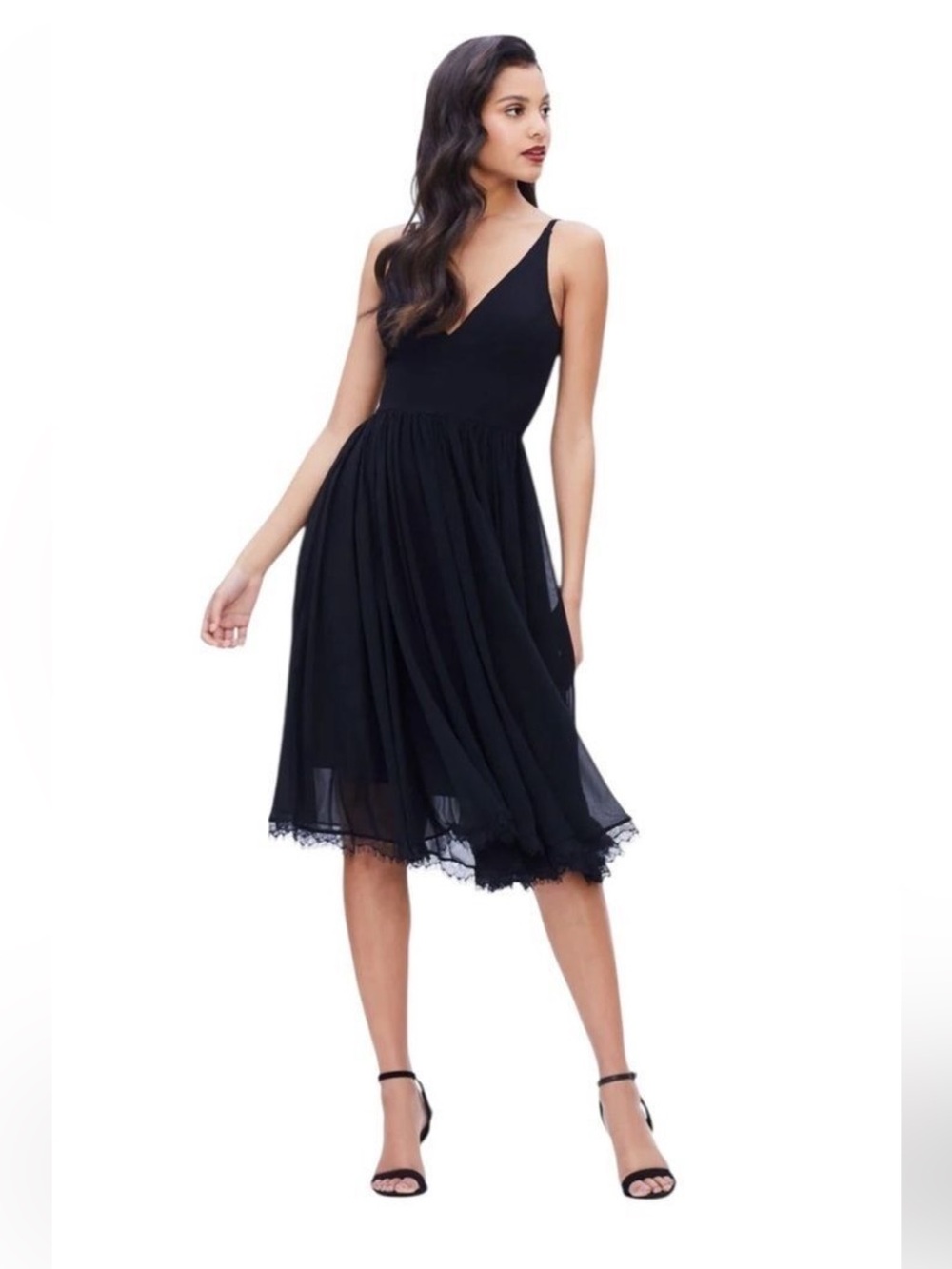 Dress the Population Alicia Dress Black Chiffon Midi Twirl V-Neck Size S - Picture 2 of 15